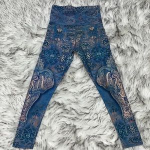 Blue Boho Metallic Elephant Print High Waist Leggings Small